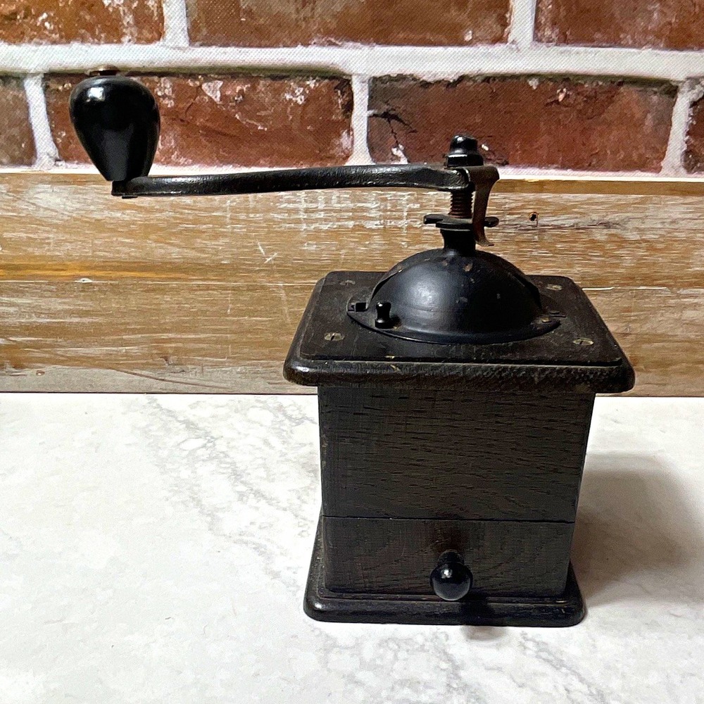 Manual Coffee Grinder Black Wood Box w/ Drawer, Crank Handle, 9 in Tall